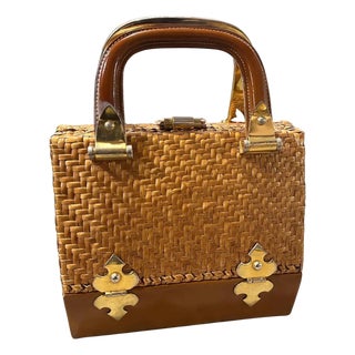 1960s Woven Wicker Leather and Brass Top Handle Bag by Rodo For Sale