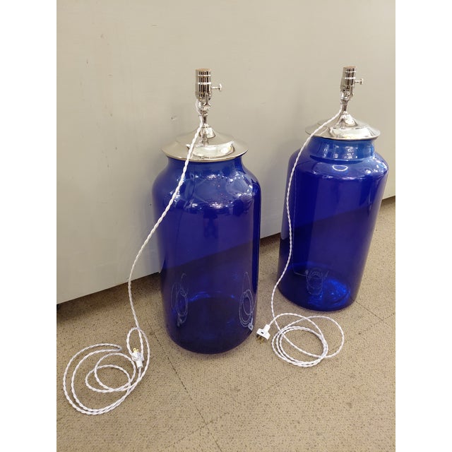 Boho Chic Vintage Cobalt Blue Glass Jar Table Lamps - a Pair For Sale - Image 3 of 6