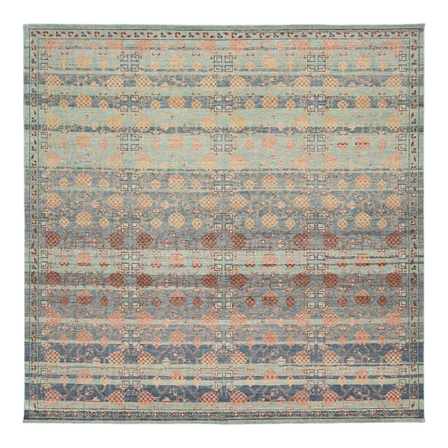 Modern Khotan Style Hand-Knotted Wool Area Rug Teal, Rust & Ochre Vintage Motif For Sale