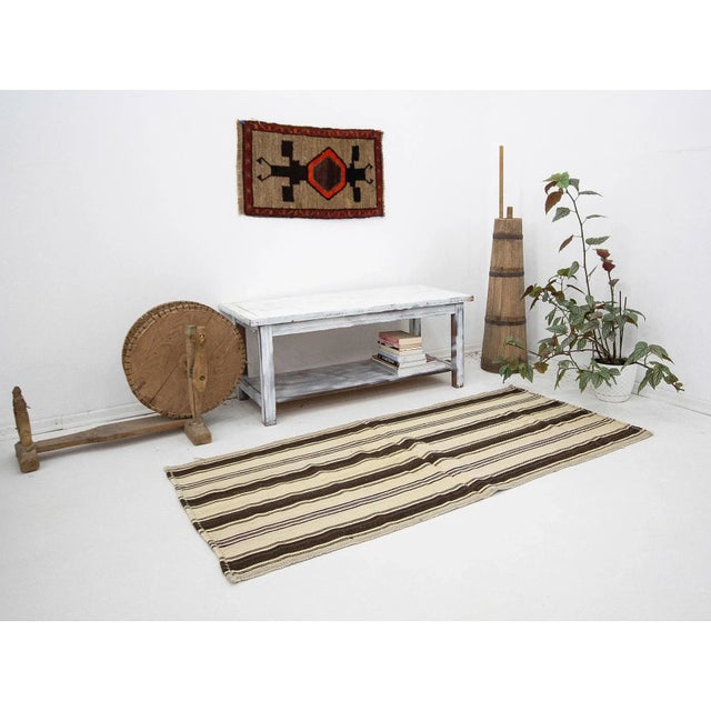 Mid 20th Century Ivory & Brown Striped Vintage Kilim Rug For Sale In Los Angeles - Image 6 of 7