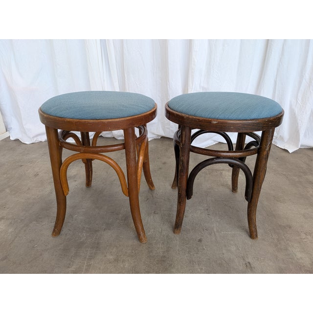 Vintage Bentwood Stools with Blue Upholstered Seats, 1970s, Set of 2 For Sale - Image 9 of 15