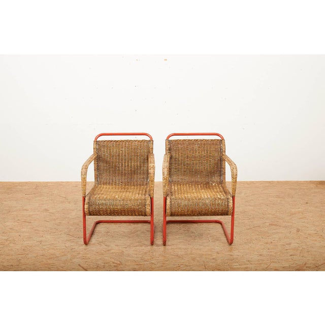 Side Table with Armchairs in Red Lacquered Tubular Steel, 1920s, Set of 3 For Sale - Image 15 of 18