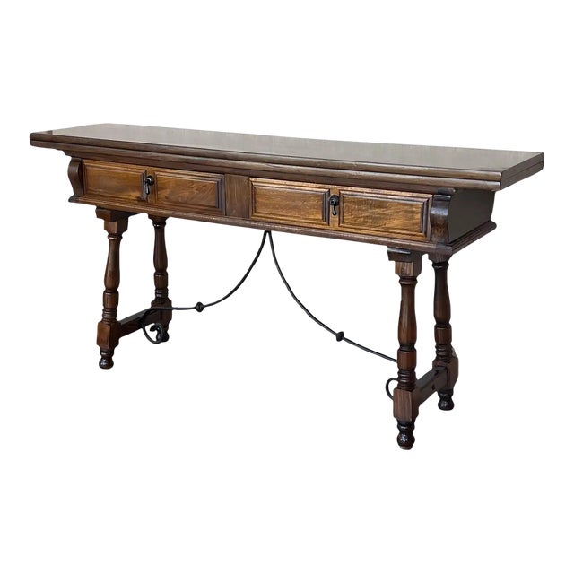 20th Century Spanish Console Fold Out Table With Iron Stretcher and Two Drawers For Sale