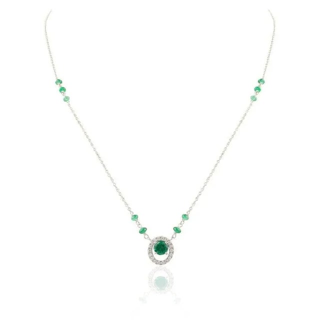 Not Yet Made - Made To Order 1.63 Ct Beaded Emerald Halo Diamond Chain Necklace in 18k Solid Gold For Sale - Image 5 of 12