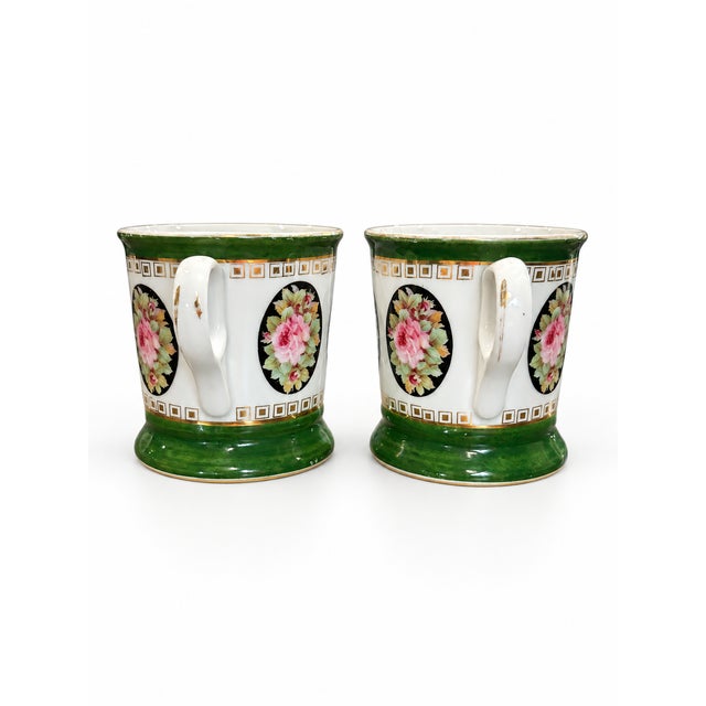 Antique German Floral Mugs With Pink Roses and Green Bands — Pair For Sale - Image 4 of 8
