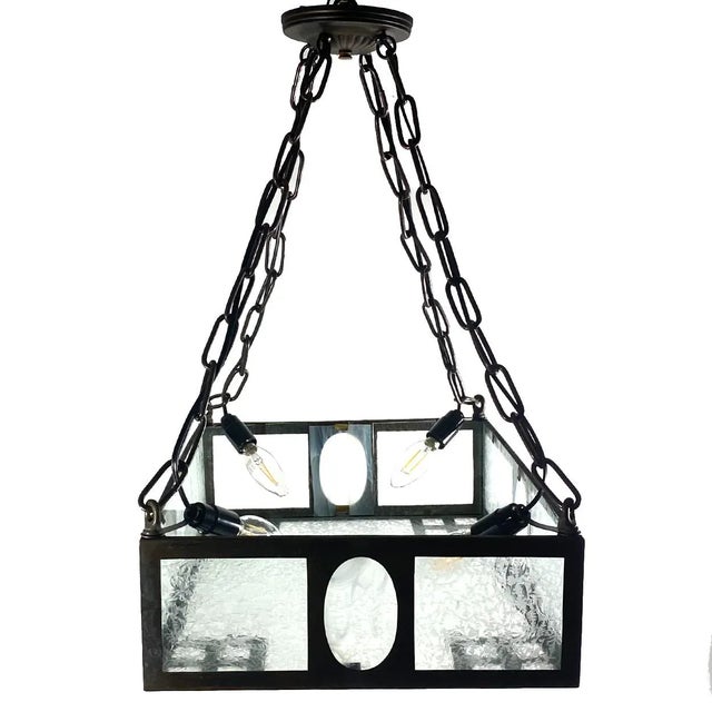 Swedish Iron, Bronze and Crackle Glass Four-Light Pendant Light For Sale - Image 4 of 11