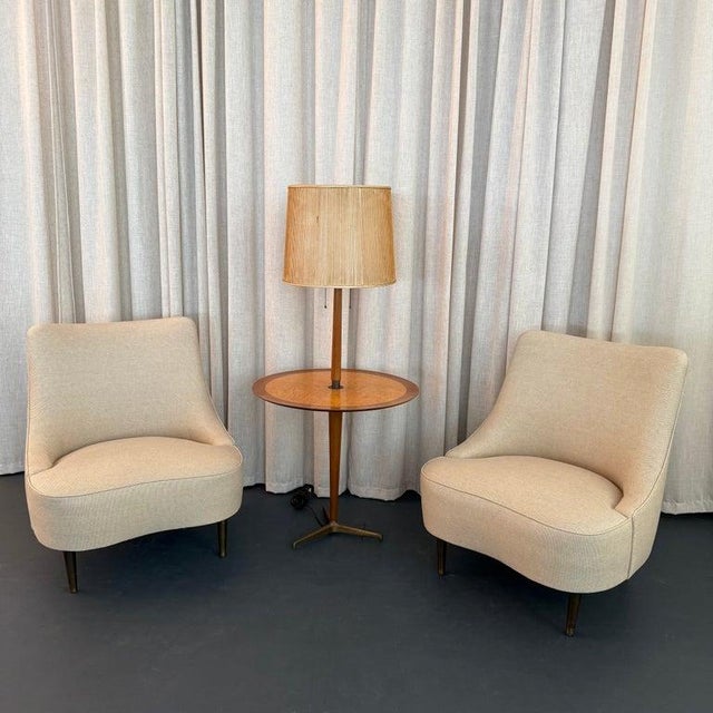 1950s Edward Wormley for Dunbar Teardrop Slipper Chairs With Snack Table Floor Lamp For Sale