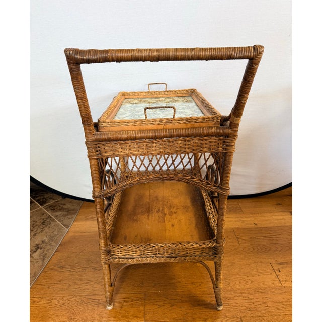Wood Heywood Wakefield Wicker Rolling Bar Cart Tea Cart With Removable Glass Tray For Sale - Image 7 of 9