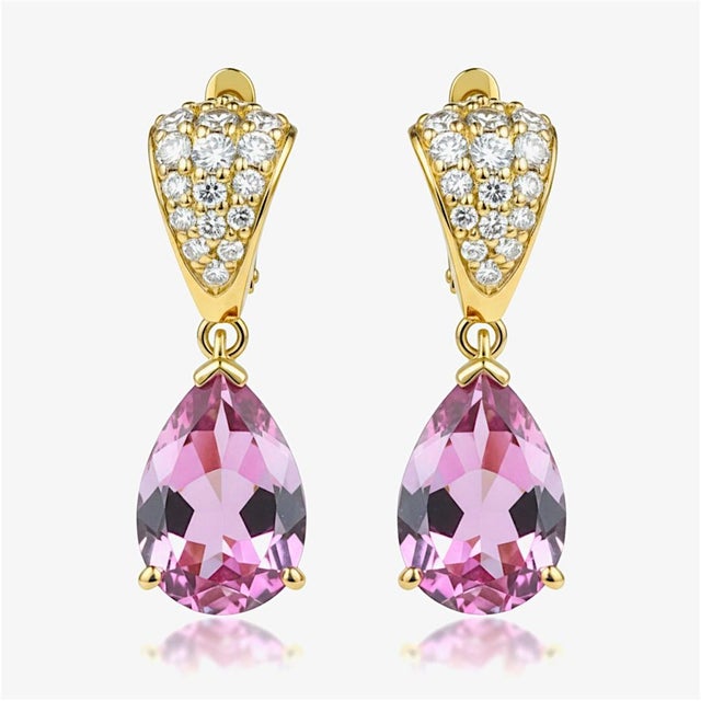 Metal 14k Yellow Gold Diamond and Natural Pink Topaz Dangle Earrings, A Pair For Sale - Image 7 of 11