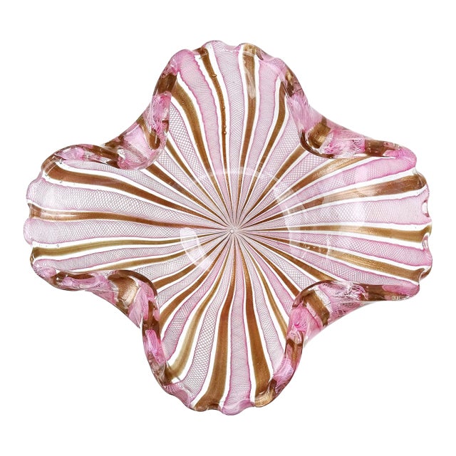 Vintage Murano Fratelli Toso Pink White Copper Aventurine Ribbons Italian Large Art Glass Bowl For Sale