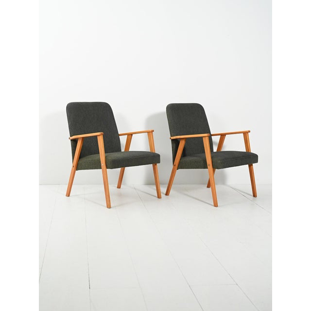 1950s Scandinavian Beech Armchairs in Grey Upholstery, 1950s, Set of 2 For Sale - Image 5 of 12