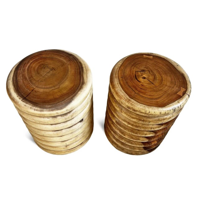 Wood Monkey Pod Ribbed Wood End Table Stool For Sale - Image 7 of 8