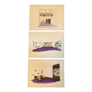 1950’s 3 Original Mid Century Modern Architectural Interiors Watercolor Paintings -Set of 3 For Sale