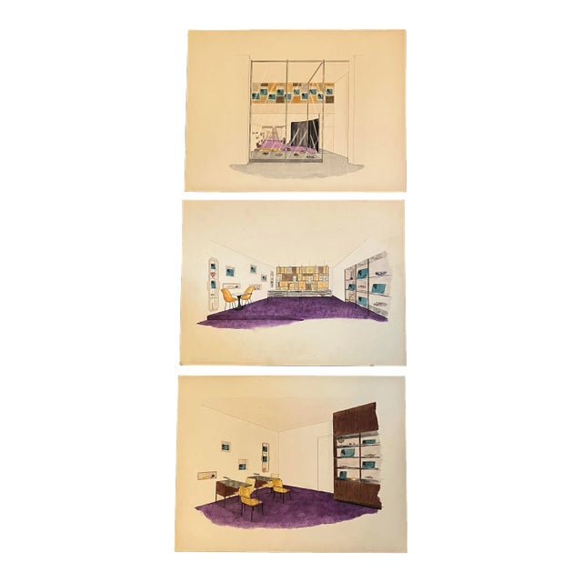 1950’s 3 Original Mid Century Modern Architectural Interiors Watercolor Paintings -Set of 3 For Sale