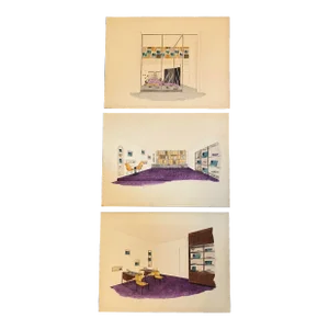 1950’s 3 Original Mid Century Modern Architectural Interiors Watercolor Paintings -Set of 3