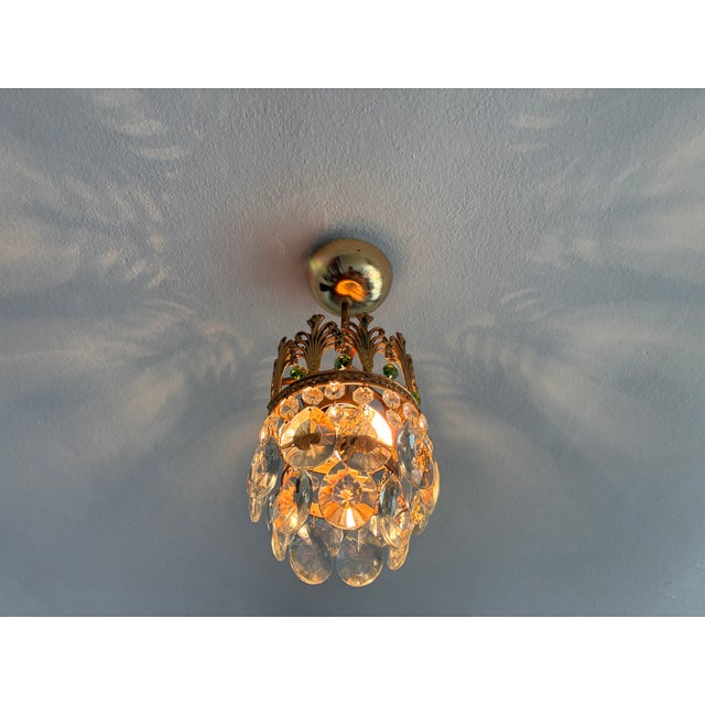 Vintage Small Brass & Emerald Green Crystal Crown Flush Mount – 1 Light For Sale - Image 4 of 18