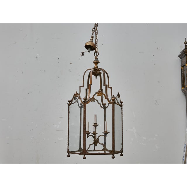 Tall French Wrought Iron Lantern With Glass Panels and Scroll Detailing - 1900s For Sale - Image 11 of 18