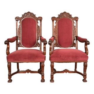 R. J. Horner Style Antique Renaissance Revival Carved Walnut Armchairs | Pair For Sale