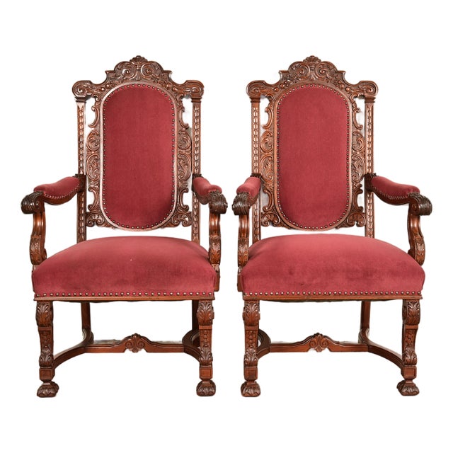 R. J. Horner Style Antique Renaissance Revival Carved Walnut Armchairs | Pair For Sale