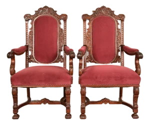 R. J. Horner Style Antique Renaissance Revival Carved Walnut Armchairs | Pair