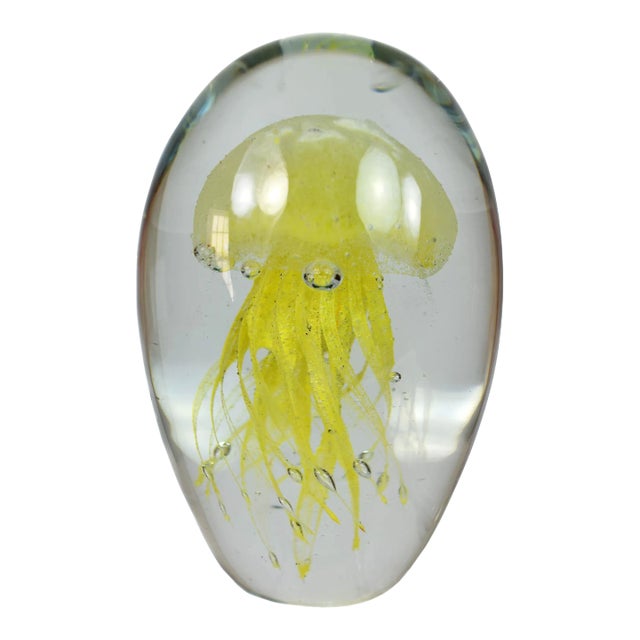 Late 20th Century Hand Blown Yellow Jellyfish Glass Art Paper Weight For Sale