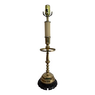 1970s Brass Candlestick Lamp With Carved Wood Base For Sale