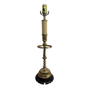 1970s Brass Candlestick Lamp With Carved Wood Base