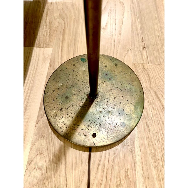 1950s Vintage Patinated Brass Adjustable Dome Floor Pharmacy Lamp With White Enamel Interior Shade For Sale - Image 5 of 7