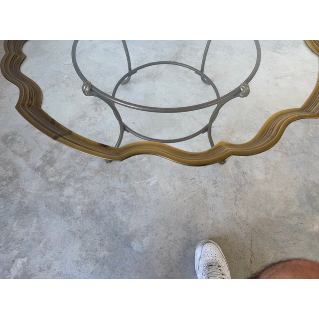 Vintage Hollywood Regency Style Scalloped Brass Frame With Glass Top Coffee Table For Sale - Image 10 of 18