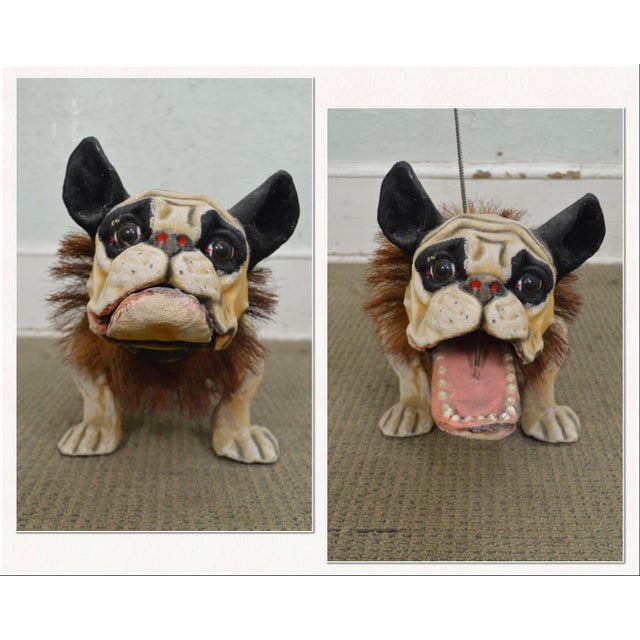 French "Growler" Antique Paper Mache Nodding Head Bulldog Pull Toy