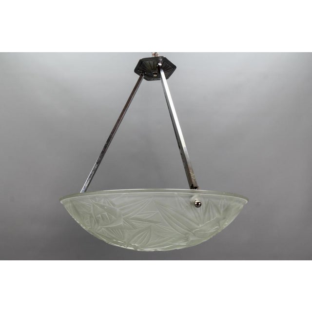 Art Deco French Chromed Brass and Frosted Glass Pendant Light by Noverdy, 1930s For Sale - Image 9 of 18