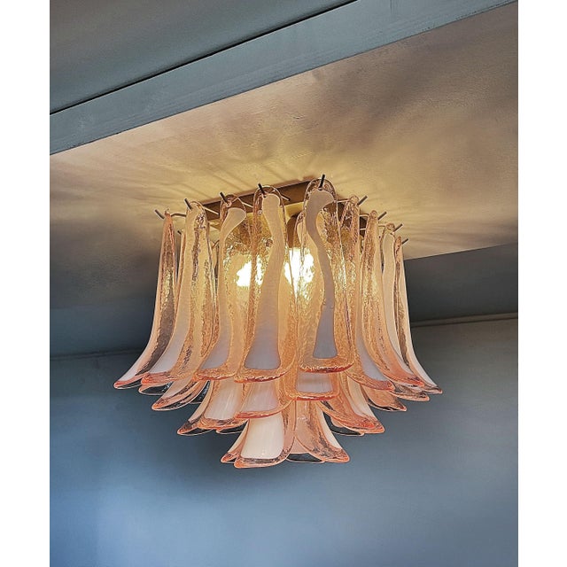 Metal Murano Ceiling Chandelier | 32 Pink Glass and Lattimio Petals in a Contemporary | Mid Century Style For Sale - Image 7 of 11