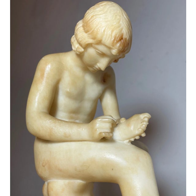 Realism Antique Hand Carved Alabaster Stone Boy With Thorn in Foot Sculpture Statue Art For Sale - Image 3 of 16