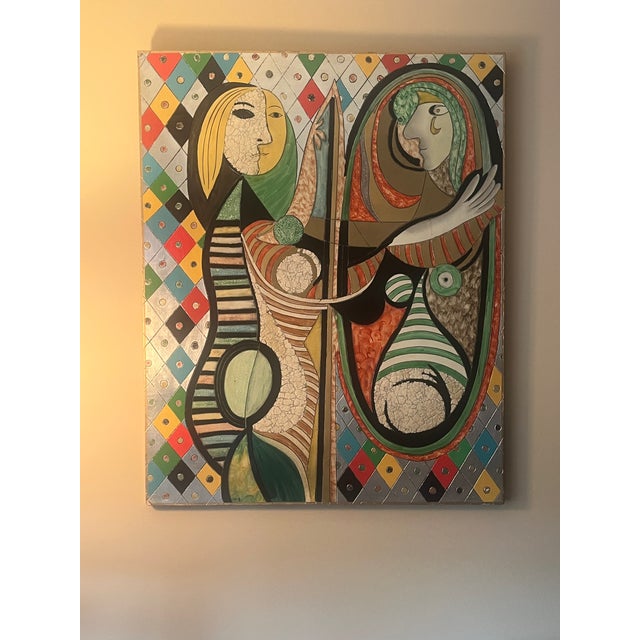 Large Mid Century Modern Studio Abstract Acrylic Mixed-Media Painting Picasso Inspired Original Decorative Artwork Handcrafted Girl Before a Mirror For Sale - Image 14 of 14