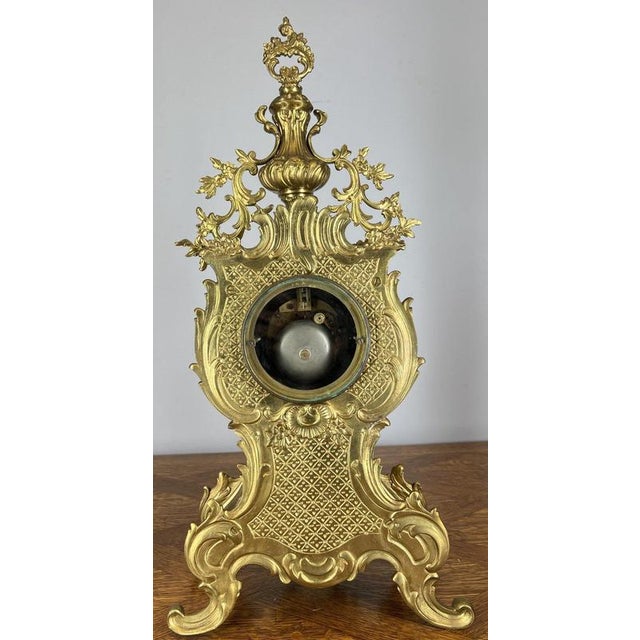 Gold Louis XV Rococo Revival French Gilt Brass Mantel Clock Garniture, Set of 3 For Sale - Image 8 of 18