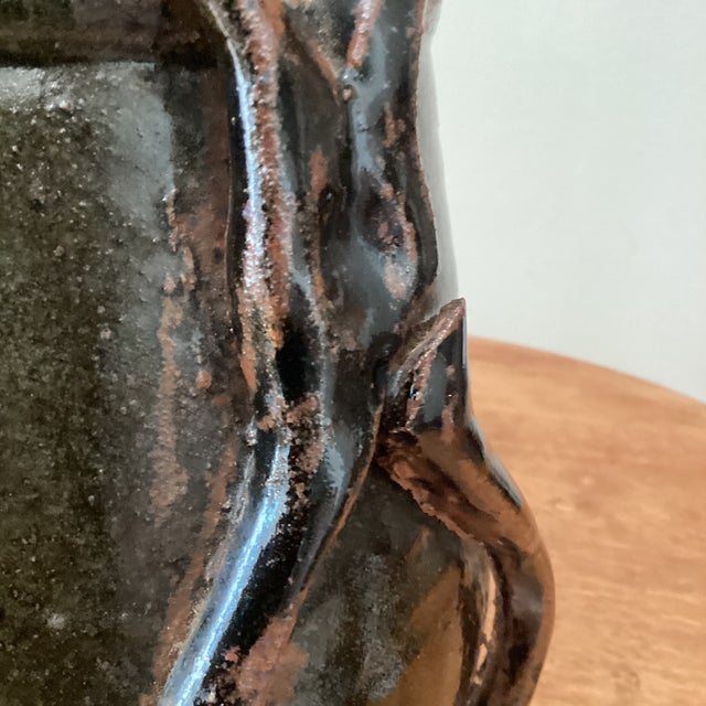 Vintage Art Nouveau Curved Shape Earthenware Double Handle Vase With Makes Mark For Sale - Image 9 of 12
