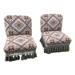Antique French Pair Tapestry Tassels Fringe Slipper Chairs For Sale