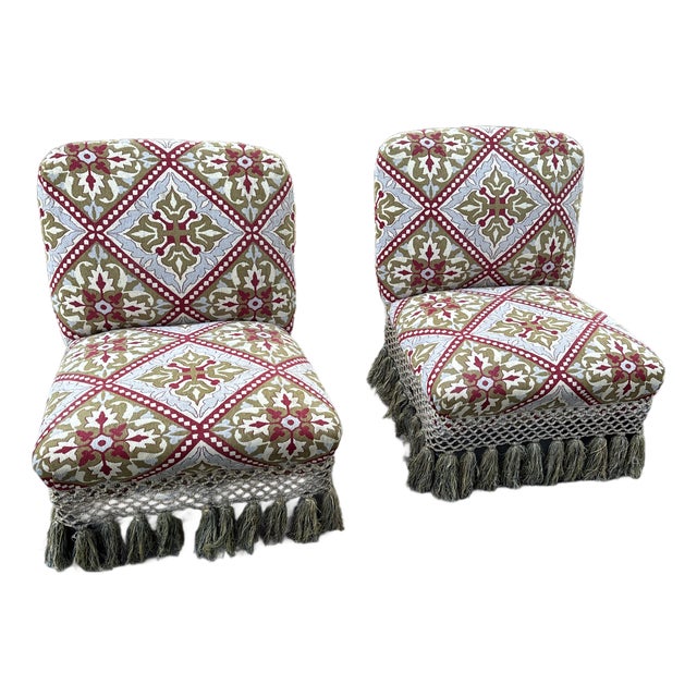 Antique French Pair Tapestry Tassels Fringe Slipper Chairs For Sale