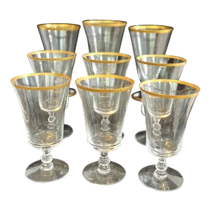1960s Mid-Century Hollywood Regency Gold Rimmed Fostoria Crystal Goblets - Set of 9