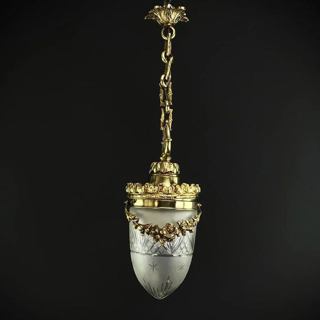 Metal Art Nouveau Bronze Hanging Lamp in Teardrop Shape, 1890s For Sale - Image 7 of 8