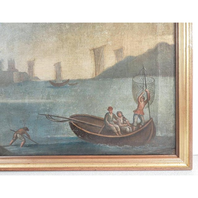 Oil painting on canvas depicting a coastal landscape with fishermen, boats, and castles. Mid-19th century period mid-19th...