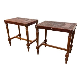 Estudio Taller Corongo Tooled Leather Top Side Tables, Vintage For Sale