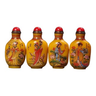 Set of 4 Antique Yellow Glass Snuff Bottles With Four Beauties, 480g Total For Sale