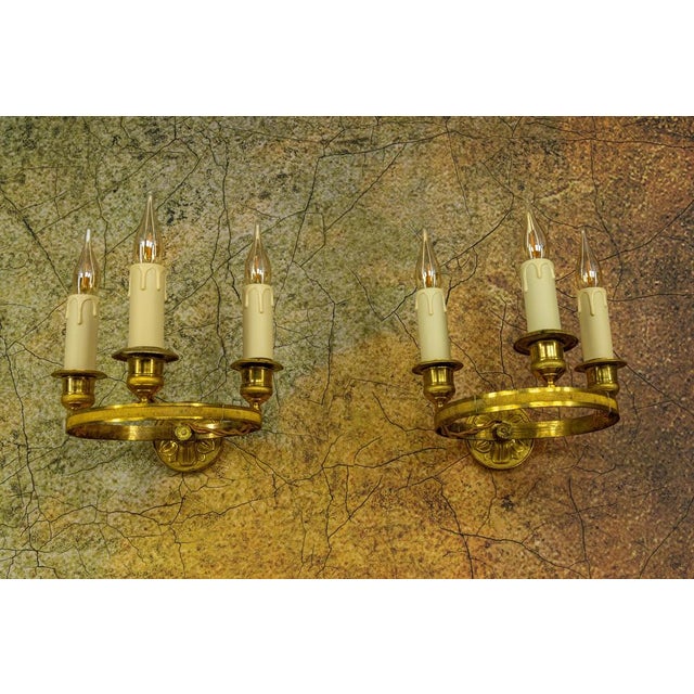 Empire French Brass and Bronze Three-Light Wall Sconces, 1920s, Set of 2 For Sale - Image 4 of 18