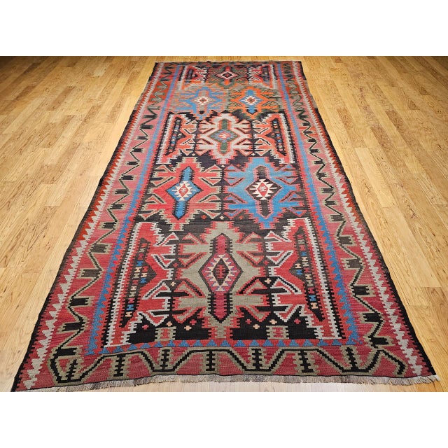 Antique Caucasian Kazak Kilim, Handwoven Wool, Geometric Design, Terracotta & Turquoise, 6x11 For Sale - Image 16 of 18
