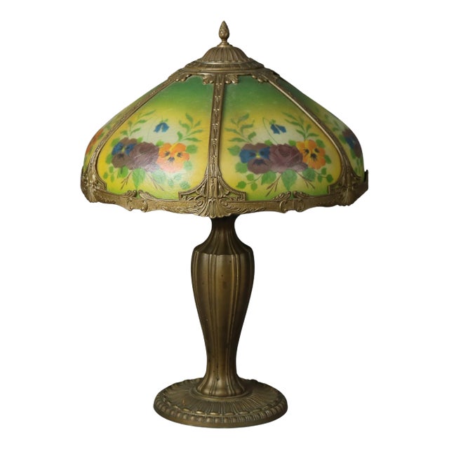 Antique Bradley & Hubbard Arts and Crafts Reverse Painted Floral Lamp Signed For Sale