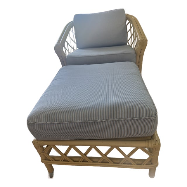 1980s Ficks Reed Chair and Ottoman Pineapple Distressed Bamboo For Sale
