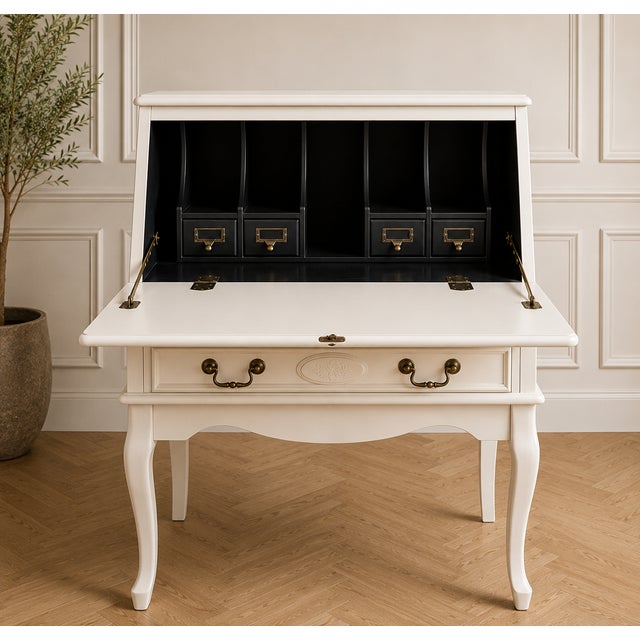 Vintage French Provincial Inlaid Secretary Desk-White Painted Finish- Drop-Front Writing Desk For Sale - Image 4 of 6