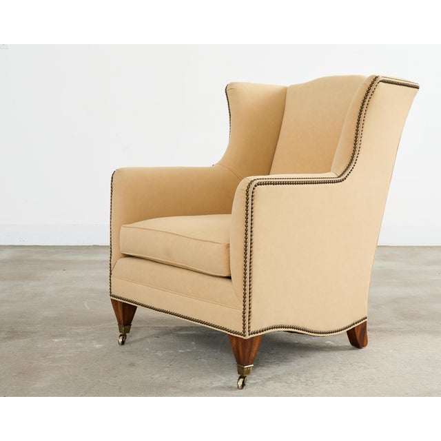 Wood Pair of Henredon Butter Upholstered Wingback Club Chairs For Sale - Image 7 of 18