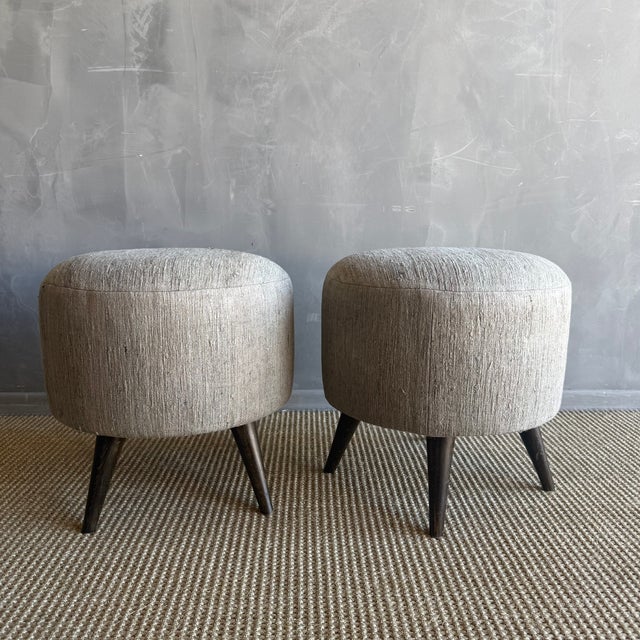 Mid-Century Modern Pair of Greige Ottomans Made From Vintage Turkish Rug For Sale - Image 3 of 9